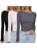Ekouaer Boat Neck Tops for Women Long Sleeve Shirts 3 Packs Double Lined Basic Tees Fall Fashion 2025 Thermal Underscrubs Black/Dark Grey/White XXL