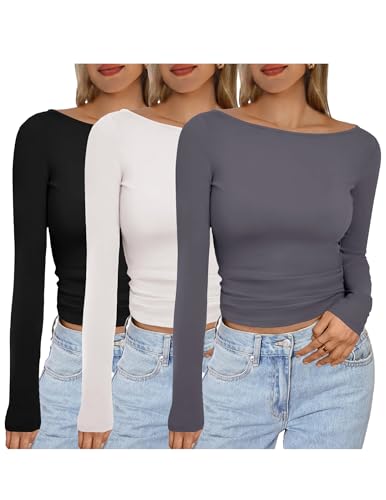 Ekouaer Boat Neck Tops for Women Long Sleeve Shirts 3 Packs Double Lined Basic Tees Fall Fashion 2025 Thermal Underscrubs Black/Dark Grey/White XXL