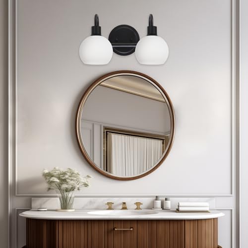 Image of 2-Light Black Bathroom Light Fixture, Milk White Globe Wall Sconce Lamp for Hallway Bedroom Foyer Cabinets, Modern Vanity Lights E26 Socket