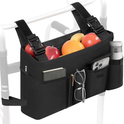ANILD Walker Bag with Zippers for Folding Walker Foldable Walker Basket with Soft Cooler - Temperature Controlled Thermal Compartment Walker Accessories for Seniors Detachable (Black)