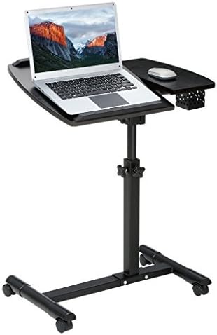 LANGRIA Portable Laptop Desk Cart with Tilting Surfaces for Right and Left-Handed Users Side Storage Basket for Stationary, Adjustable Workstation with Wheels for Home Office, Black Walnut