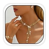 Unicra Gold Jewelry Sets Chunky Necklace Earrings Bracelet Ring Set Fashion Indian Statement Costume Jewelry Set for Women (Gold)