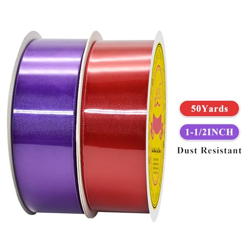 Image of 100 Yards Red Purple Satin Ribbon Polyester Ribbon for Gift Wrapping Very Suitable for Weddings Party Hair Bow Invitation Decorations and More（1-1 /2 inch X 50Yards X 2 Roll）