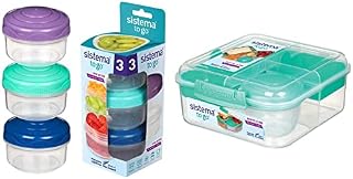 Sistema Bento Box to GO | Lunch Box with Yoghurt/Fruit Pot | 1.25 L Square | BPA-Free | Assorted Colours & to Go Mini Bites | 130 ml | Assorted Colours | Recyclable with TerraCycle® | 3 Count