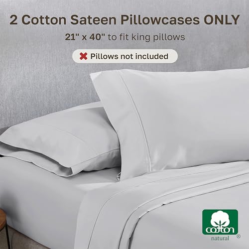 Image of California Design Den King Pillow Cases Set of 2 Cotton - 400 Thread Count Sateen, Natural 100% Cotton King Pillowcases, Soft, Roomy and Breathable - Silver