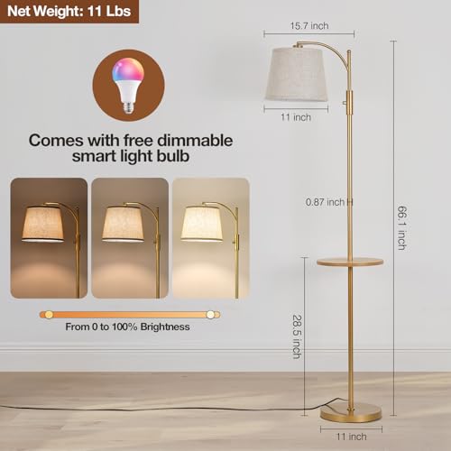 Image of AIDENOEY Smart Floor Lamp with Side Table | Stepless Dimming, RGB Multi-Color | Adjustable Swivel Head | Voice Control with Alexa & Google Assistant |Golden Lamp for Living Room,Bedroom,Home Office