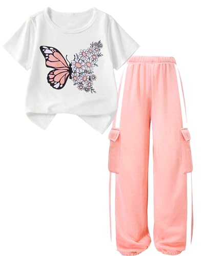Girls 2 Piece Outfits Toddler Girl Clothes Short Sleeve T-Shirt Top Sweatsuits Cargo Pants Sweatpants Athletic Tracksuits Jogger Casual Kids Clothing Sets Spring Summer Fashion Lounge Set Pink 10-11