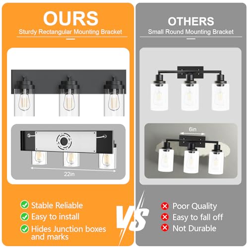 Image of IZORRO Bathroom Vanity Light Fixture, 3-Light 22 Inch Matte Black Bathroom Light Fixtures Over Mirror, with Clear Glass Shade, Modern Farmhouse Vanity Lights, Rustic Restroom Lighting Fixtures