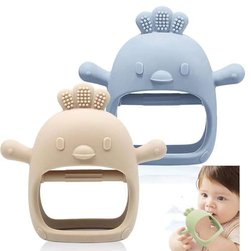 TKLake 2-Pack Teething Mittens for Babies 0-6 Months Silicone Baby Teething Toys Infant Hand Teether for Boy Girl Teething Relief Biting Toys Newborn Shower Gifts(Beige & Blue)