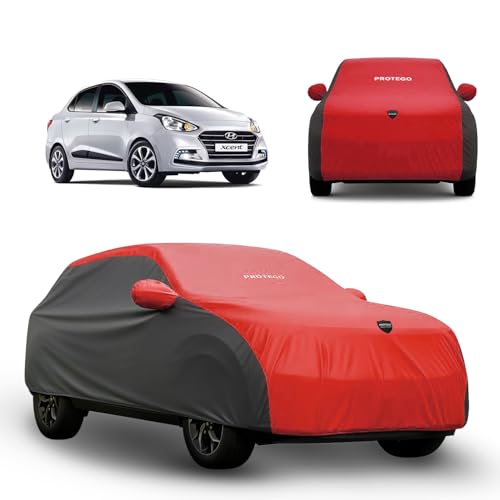 Image of PROTEGO Prime Series India's 1st Anti-Tear Car Cover for Hyundai Xcent | Heavy-Duty, Custom Fit, All Weather Protection | 100% Waterproof, Windproof & Hail Resistant | 2-Year Warranty | Red + Black