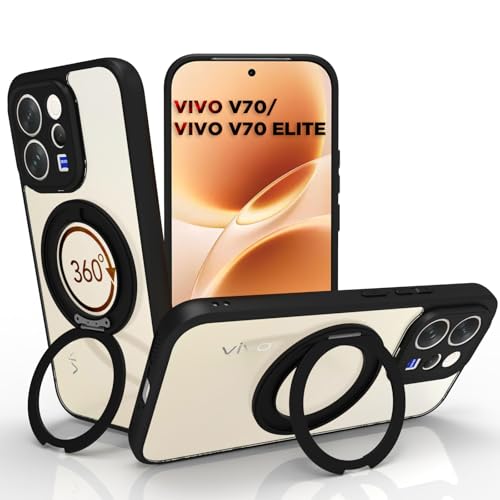 Image of RIGGEAR Shockproof Sleek Hybrid Armor 360 Rotating Magnetic Ring Stand Back Cover Case Compatible with MagSafe Accessories for Vivo V70 / V70 Elite 5G (Clear PC + Black TPU Bumper)