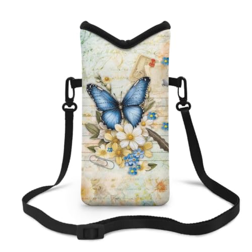 Image of Small Phone Bag Water-Resistant Crossbody Pouch with Adjustable Strap Mini Cell Phone Case Satchel Fits Most Phones for Men Women, 8 x 4 Inch, Blue Butterfly Flower Letter Print Retro Style