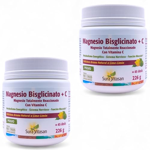 Sura Vitasan Magnesio Bisglicinato + Vitamina C Polvo - Pack Ahorro 2 x 226gr - Con Ácido Málico - Suplemento Biodisponible que Refuerza las Funciones del Magnesio en el Organismo