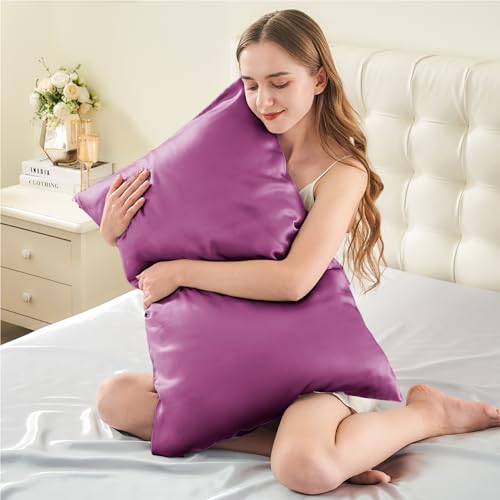 Image of INFIIXSO Mulberry Silk Pillowcase for Hair and Skin, Silk Pillow Cases Queen Size Set of 2 with Hidden Zipper 20x30 Inches, Ultra Smooth and Soft Cooling Pillow Cases for Hot Sleepers(Purple, 2 Pack)