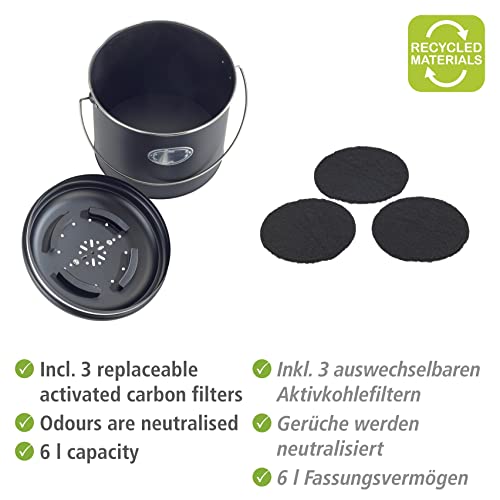 WENKO Komposteimer Mod. Nero 6 L, aus Metall, Deckel mit Silikonring, mit 3 Aktivkohlefiltern zur Neutralisierung von Gerüchen, Beschriftungsschild, Maße (B/T x H): Ø 22,5 x 22,5 cm, Schwarz