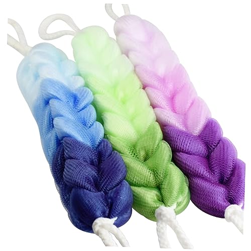 NULYLU 3pcs ロングバスプー シャワーメッシュスポンジ 用 マルチファンクション バスストリップ グラデーションパープル グラデーショングリーン