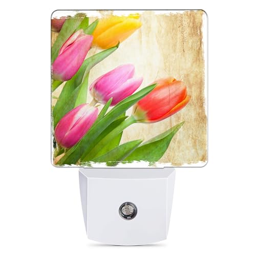 Image of Vintage Tulips Night Light Plug in Wall Lamp Smart Dusk to Dawn Sensor for Home Decorative, Kids Room Bedroom Bathroom Kitchen Hallway Gifts