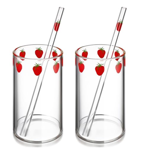 ERINGOGO Lot De 2 Gobelets En Verre Avec Paille Tasse En Verre De Lait À Motif Fraise Corps Transparent Pour Eau Lait Thé Sodas Maison Et Petit Déjeuner