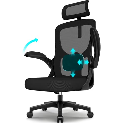 minnouat Bürostuhl, Schreibtischsessel mit Kopfstütze und Weiche Lordosenstütze, Bürostuhl ergonomisch mit Wippfunktion bis 130°,Schreibtischstuhl mit klappbaren Armlehnen, Drehstuhl 150 kg,Schwarz
