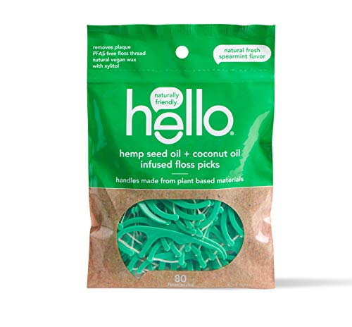 Hello Oral Care Hemp seed oil dental floss picks, natural spearmint, 80 flossers, 3 Count