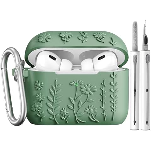 AIRSPO Airpod Pro 2nd Generation Case, 3D Floral Embossed Soft Silicone Protective Cover with Cleaner Kit for Apple Airpods Pro 2nd 1st Gen Case with Keychain (2023/2022), Green Cover