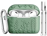 AIRSPO Airpod Pro 2nd Generation Case, 3D Floral Embossed Soft Silicone Protective Cover with Cleaner Kit for Apple Airpods Pro 2nd 1st Gen Case with Keychain (2023/2022), Green