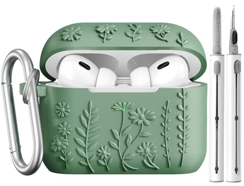 AIRSPO Airpod Pro 2nd Generation Case, 3D Floral Embossed Soft Silicone Protective Cover with Cleaner Kit for Apple Airpods Pro 2nd 1st Gen Case with Keychain (Green, Airpods Pro 2/Pro 1)