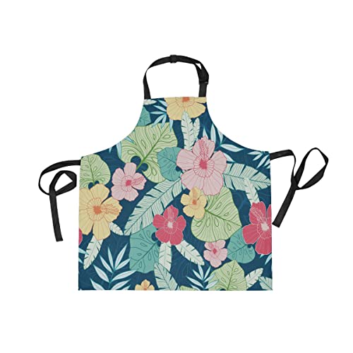 Akiraki エプロン H型 女性用 レディース メンズ 男女兼用 カフェエプロン キッチンエプロン アロハ ハワイ 花柄 かわいい エレガント 前掛け ロング 仕事用 保育士 業務用 家庭用 料理 フリーサイズ ポケット付き