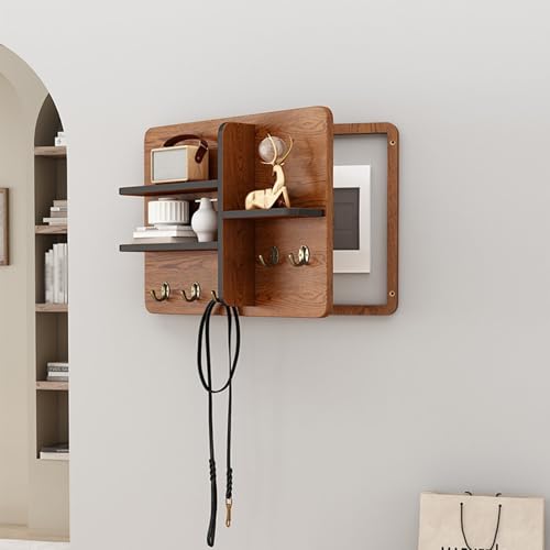 Fuse Box Cover Cabinet, Wall Mounted Fuse Box Cover Cabinet, Wooden with Shelf &amp; Hooks, for Living Room Home Office(Brown-a,45 * 35cm/17.7 * 13.8in)