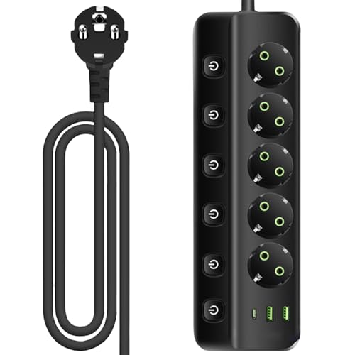 Regleta conmutable individualmente, con 2 USB-A y 1 USB C, 8 enchufes, protección contra sobretensiones para el hogar y la oficina (negro)