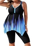 Hanna Nikole 2 Piece Tankini Sets for Women,Plus Size Tummy Control Swimsuits with Pockets,Irregular Hem Swimming Costume Women,Push-Up Modest Bathing Suit with Boyshorts Blue Flowers & Black 16