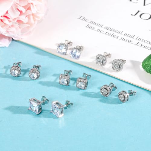 Image of NEWITIN 6 Pairs Gold Earrings for Men Women Halo Stud Earring Set | Hypoallergenic, 18K Gold Plated Stainless Steel, Cubic Zirconia, Round Square Diamond Stud Earrings, Unisex Earrings Set, 8mm
