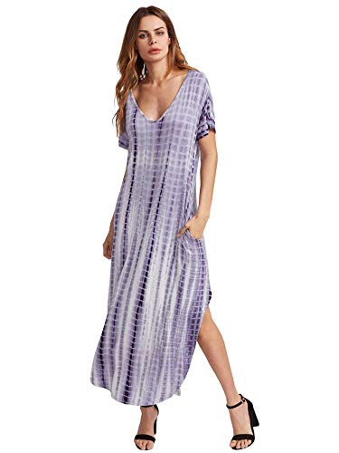 MakeMeChic Casual Maxi Short Sleeve Split Tie Dye Long Dress Purple Small
