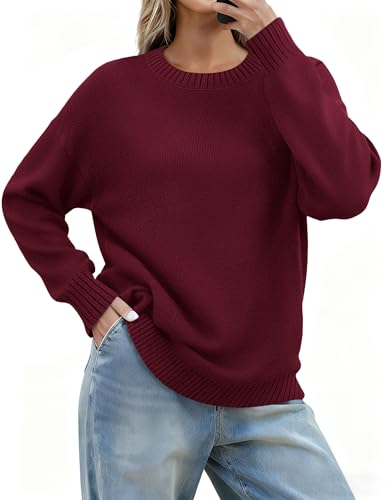 Zeagoo Fall Sweaters for Women 2026 Long Sleeve Crewneck Ribbed Knit Pullover Sweater Loose Fit Basic Red Jumper Tops M