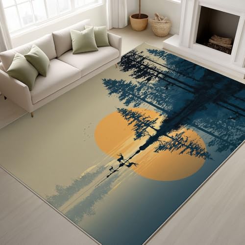 Genérico Durable Alfombra Minimalista Estilo Escandinavo Suave Tapiss Silhouette Botánica No pierde sus pelos Lago Ciervo Puesta de Sol Alfombra 120 x 180 cm Salón Dormitorio Oficina