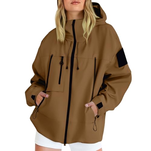 Generisch Winterjacke Damen Warm Wasserdicht,Outdoor Jacken Für Damen Leichte Einfarbig Mit Kapuze Strickjacke Reißverschluss Regenmantel Mit Taschen Große Größen Freizeitjacke (Coffee-a, M)