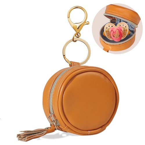 Image of Smlpuame Pacifier Holder Case with Clip,PU Leather Pacifier Charm pod with Clasp for Diaper Bag or Purse,Pacifier Pouch Hold 2 Pacifiers,Nipple Shield Case,Outdoor Travel Accessories(Brown)