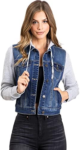 Wax Jeans Women's Juniors Hoodie Denim Jacket, Large, Dark Denim