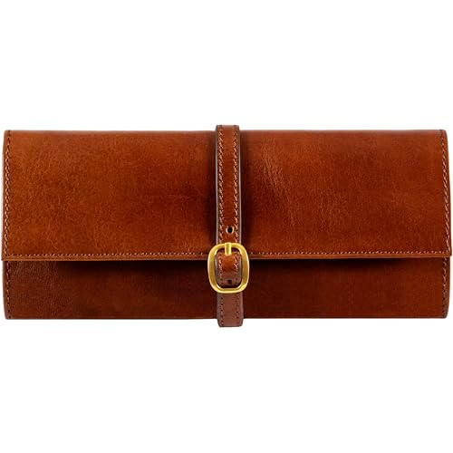 Image of Time Resistance Leather Jewelry Roll - Full Grain Leather Travel Jewelry Case - Jewellery Organizer Made in Italy (Cognac Brown)