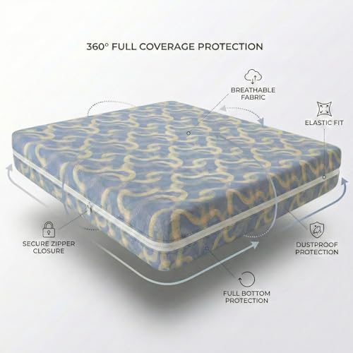 Image of VAS COLLECTIONS Cotton Printed Mattress Protector with Zipper | 360 Degree Fully Enclosed Mattress Cover | Breathable, Waterproof-Safe Fabric | Double Bed 78x72+6 Inches (6.5x6 Ft) (Pale Blue)
