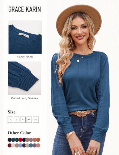 Image of GRACE KARIN Fall Sweaters for Women 2026 Puff Long Sleeve Crewneck Dressy Casual Tops Crochet Hollow Out Cute Pullover Blouse