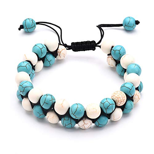 Bracelet en pierre naturelle de lave et perles bleues blanches tissé main