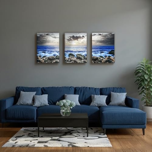 SERIMINO Beach Wall Art Set, Blue Coastal Landscape Wall Decor, Modern Ocean Paintings Art Prints Home Office Decoration, Seaside Canvas Pictures for Living Room Bedroom Bathroom 3 Pieces 16"X24"