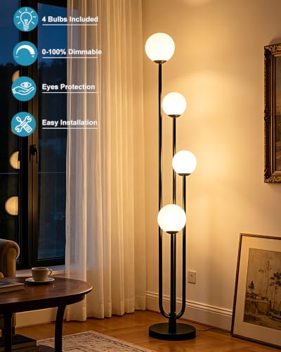 Image of Lightdot Gold Globe Floor Lamp 4-Lights Dimmable Floor Lamps with 3000K Bulbs Included Unique Mid Century Modern Tall Standing Lamp with 5Lbs Heavy Base for Living Room /Bedroom /Sofa Beside