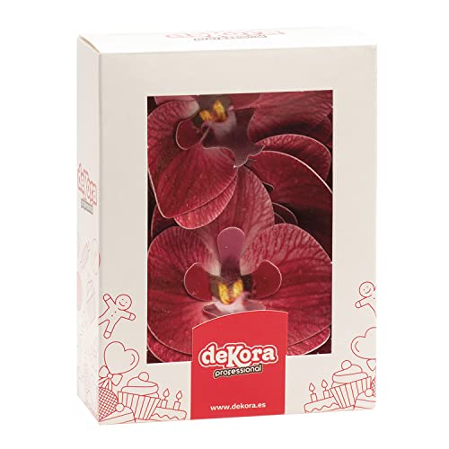 dekora – Flores Comestibles para tartas, 10 orquídeas burdeos de oblea 8.5 x 7.5cm, sin azúcar, sin gluten, sin lactosa, Adornos Comestibles para Tartas, Cumpleaños y Bodas