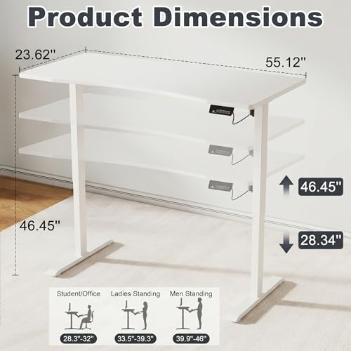 Image of Solid Wood Electric Standing Desk 55 inchx23.6 inchHome Office Desk,Adjustable Workbench with 3 Stages Single Motor, Computer Workstation with T-Shaped Metal Bracket,White Standing Desk for Gaming(1 Box)