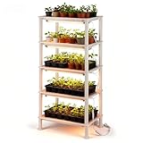 RooTrimmer 5-Tier Thickened Plastic Plant Stand with LED Grow Light(Auto-Timer), Vertical Garden Rack for Indoor Greenhouse Plants, Fits Small Pots & Seedling Cell Trays (White)