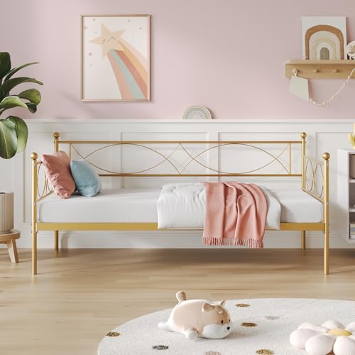 Garvee Daybed Twin Size - Metal Day Bed Trundle Bed Twin with Stylish Headboard and Premium Steel Slat Support, Multifunctional Twin Daybed Trundle Be