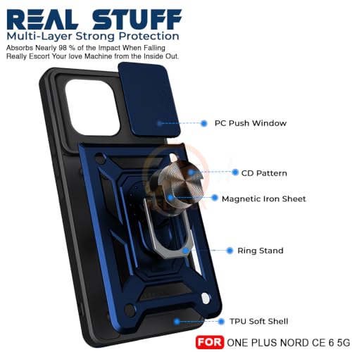 Image of Armor Bumper Back Cover Case for OnePlus Nord CE 6 5G Rotating Camera Cover, Ring Holder & Kickstand | Heavy Duty & 360 Degree Protection Back Cover for OnePlus Nord CE 6 5G (Blue)