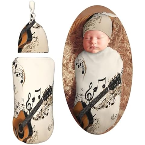 KiuLoam Guitar with Music Clef Newborn Swaddle Set with Matching Hat, Newborn Receiving Blanket Soft Unisex Infant Swaddle Wrap for Baby Boys and Girls Cover